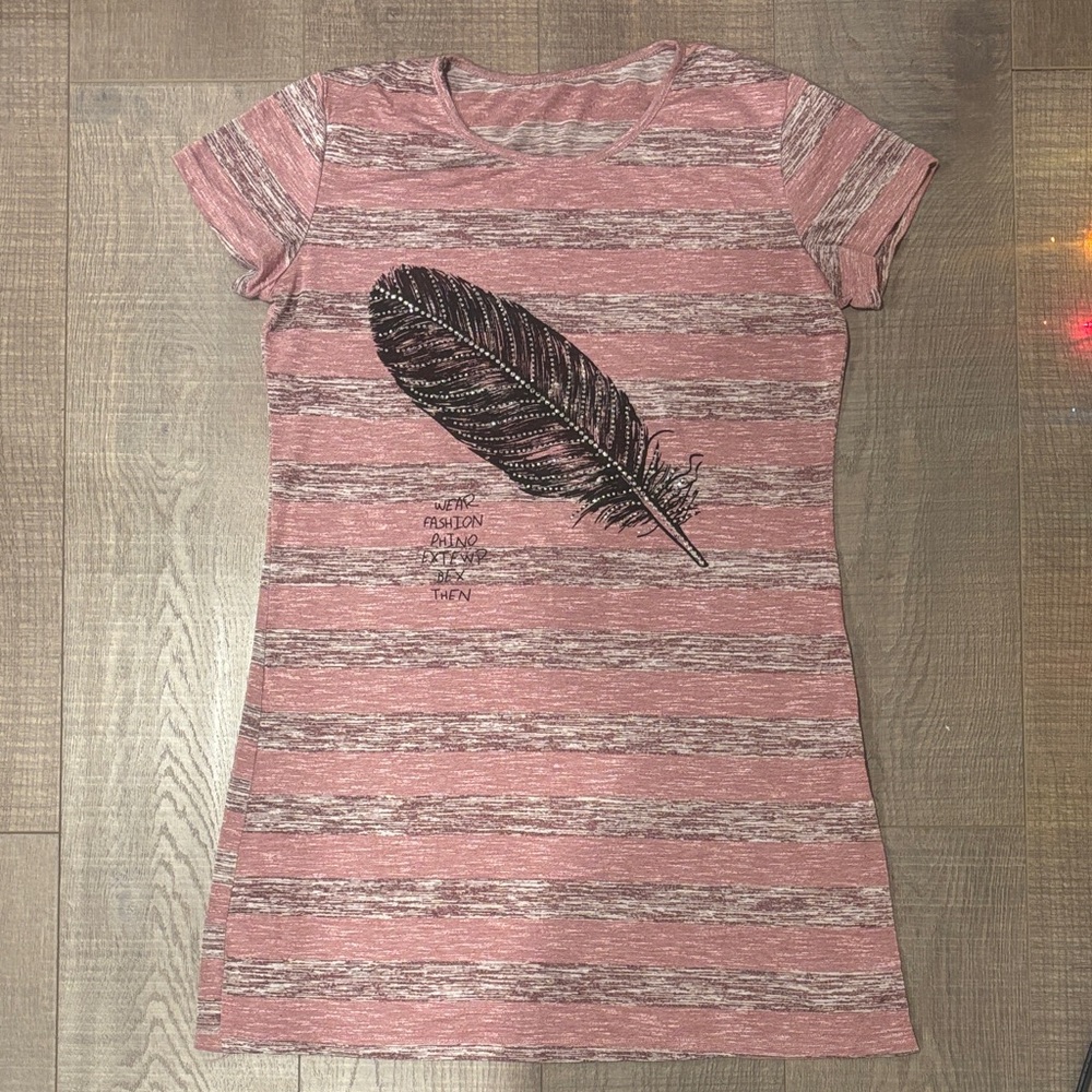 Striped Pink and Gray Feather Graphic T-Shirt